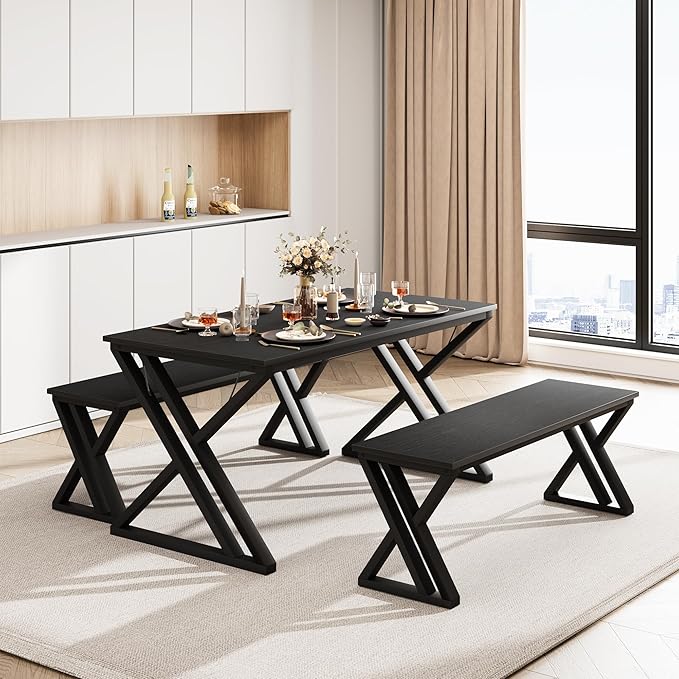 GAOMON Dining Table Bench Set for 4, Kitchen Table Set with 2 Benches, Rectangular Dining Room Table Set with Sturdy Metal Frame, Saving Space for Kitchen, Dining Room, Apartment