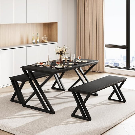 GarveeHome Kitchen Table with 2 Benches, Dining Table Set for 4, Saving Space Dining Room Table Set for Kitchen, Dining Room, Apartment, Sturdy Metal Frame, Black