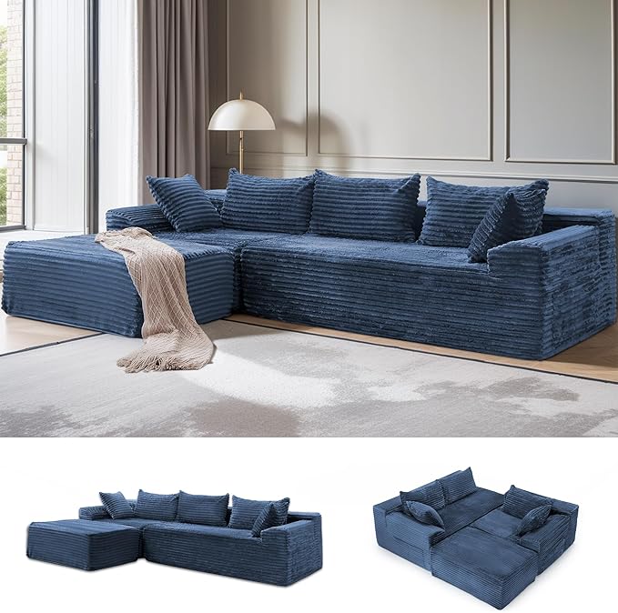 Korser 110" L-Shaped Modular Sectional Sofa with Chaise, Boneless Comfy Corduroy Fluffy Couch with Deep Seat and Side Pockets, Flexible Module Combination for Living Room, No Assembly, Side Pockets