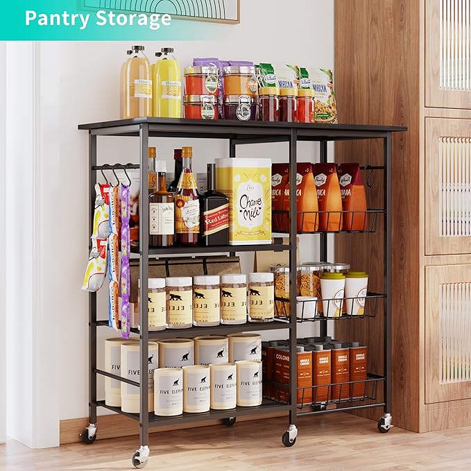 HapiRm Rolling Kitchen Microwave Cart - 4 Tier Microwave Table Stand with Pull-Out Baskets, Coffee Bar Baker's Rack with Wheels Rolling Storage Cart Organizer Shelf for Living Room Office, Balcony