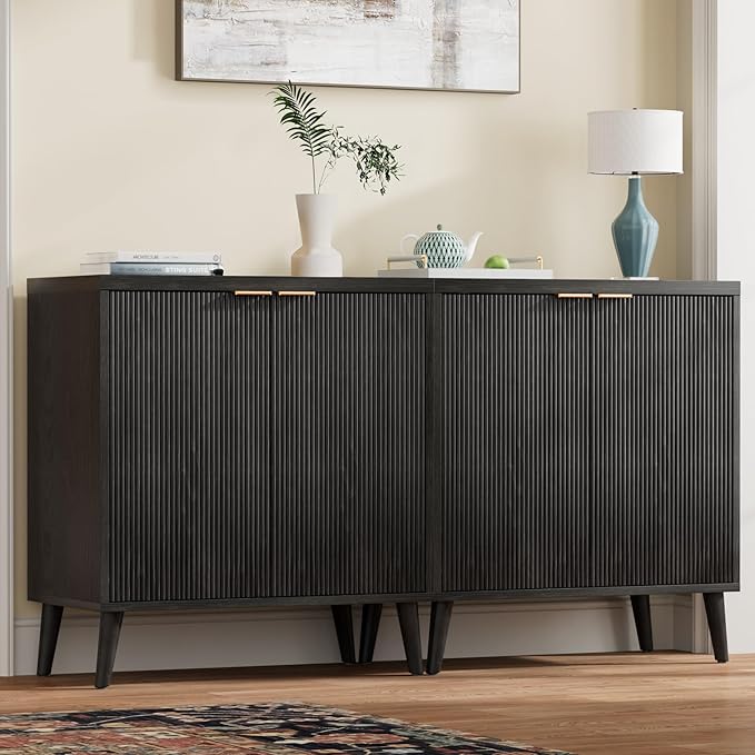 Homleke Buffet Cabinet with Storage, Modern Fluted Accent Sideboard with Doors & Adjustable Shelf, Buffet Table Entryway Cabinets for Living Room, Kitchen, Dining Room, Hallway, Black