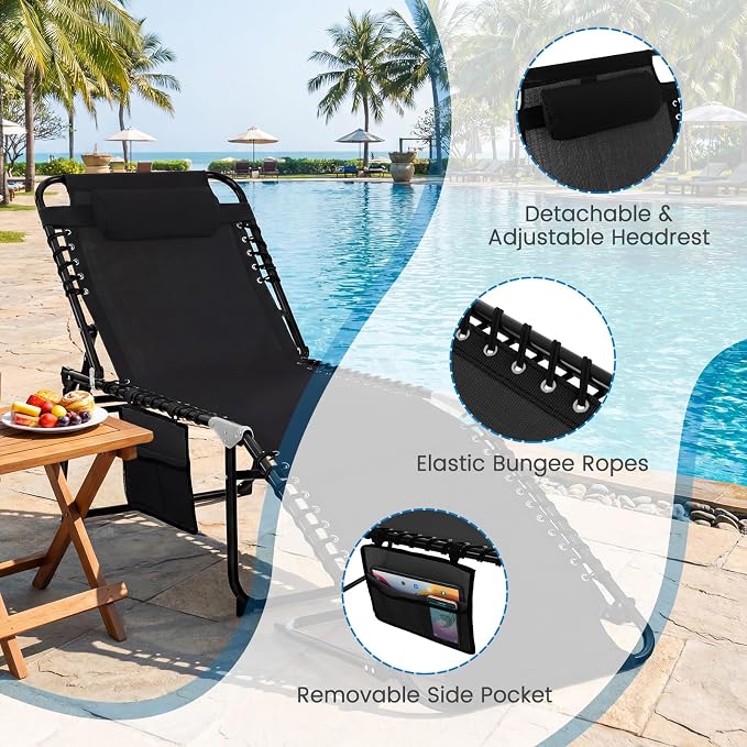GYMAX Lounge Chairs for Outside, Extra High Folding Beach Tanning Lounger with Adjustable Backrest, Footrest & Removable Pillow, Sunbath Lounge for Patio, Lawn, Poolside (1, Black with Side Pocket)