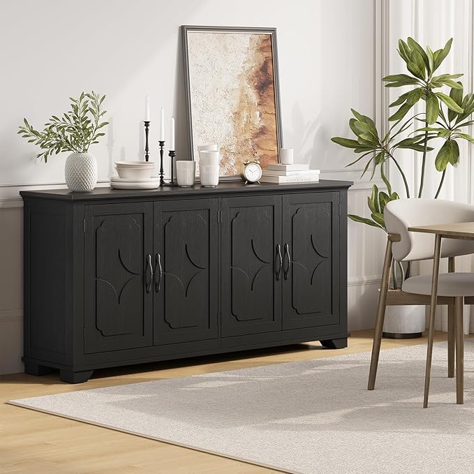 ONBRILL 63 Inch Buffet Cabinet with Storage, Large Sideboard Cabinet with 4 Carved Doors, Modern Credenza Storage Cabinets w/Adjustable Shelves for Kitchen, Living Room, Black