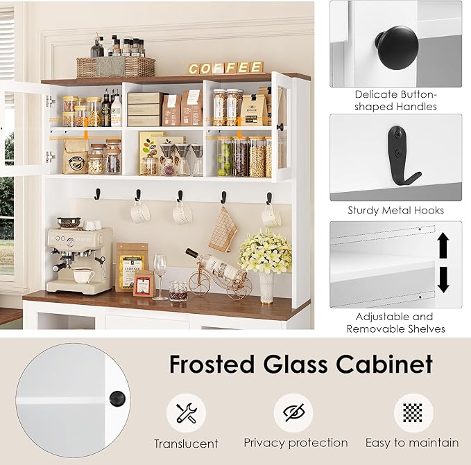 HIFIT 71" Tall Coffee Bar Cabinet with Storage and Large Countertop, Kitchen Hutch with 4 Drawers & 5 Metal Hooks & 4 Doors & Microwave Stand, White Kitchen Pantry Cabinet for Dining Room