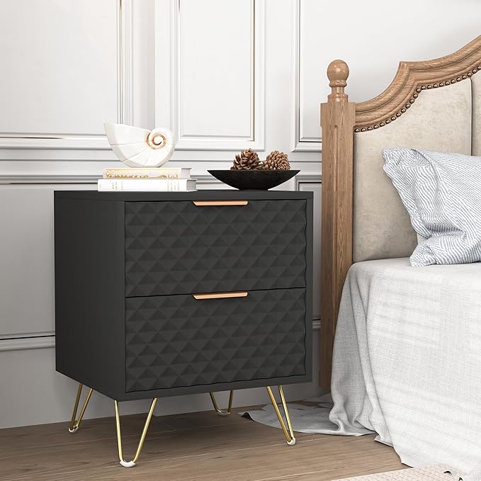 Black Night Stand Set of 2, Modern Double Bedside Table with 2 Drawers Storage for Bedroom, Wood End Side Table with Gold Legs for Living Room