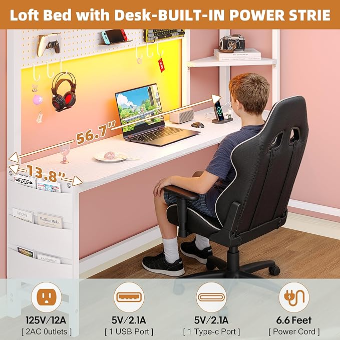Dnxao Full Size Loft Bed with Desk, 900 lbs Heavy Duty Metal Bed Frame for Adults & Teens, 6 Storage Drawers, Power Outlet with Type-C, LED Lights, Integrated Study Workstation for Small Room, White