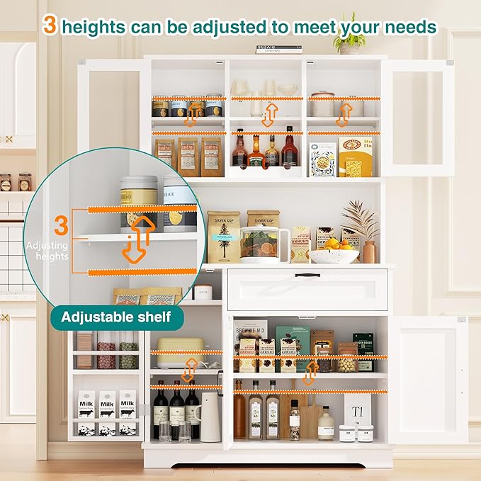 Vongrasig Kitchen Pantry Cabinet, Large Kitchen Hutch Formhouse Storage Cabinet with Microwave Stand, Tall Food Pantry for Dining Room, Living Room, White