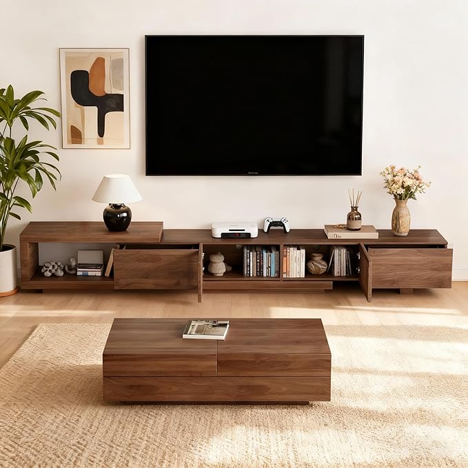 78.5"-105" Mid-Century Modern Extendable TV Stand, Walnut Media Console with 2 Drawers and 2 Cabinets, Fits TVs up to 100 Inches for Living Room or Bedroom