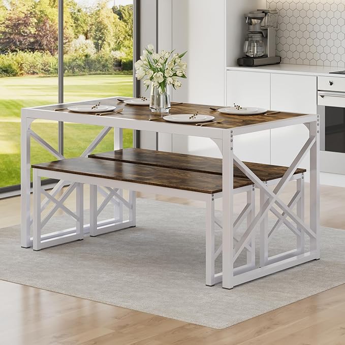 VECELO 55” Kitchen Dining Table Set for 4, Heavy-Duty Steel Frame & Wood-Grain Tabletop, Space-Saving Dinette Sets with 2 Benches for Breakfast Nook and Small Space, Drak Brown