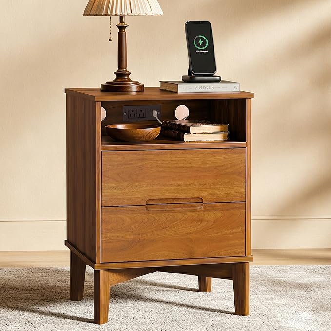 26" Tall Wood Nightstand with Charging Station & USB-C, Mid Century Modern Bedside Table with Solid Wood Legs, Caramel Walnut Finish with 2 Drawers