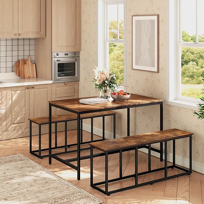 HOOBRO Dining Bench, 47.2 Inch Dining Table Bench, Industrial Style Kitchen Bench, Steel Frame, Easy to Assemble, for Kitchen, Dining Room, Rustic Brown and Black BF45CD01
