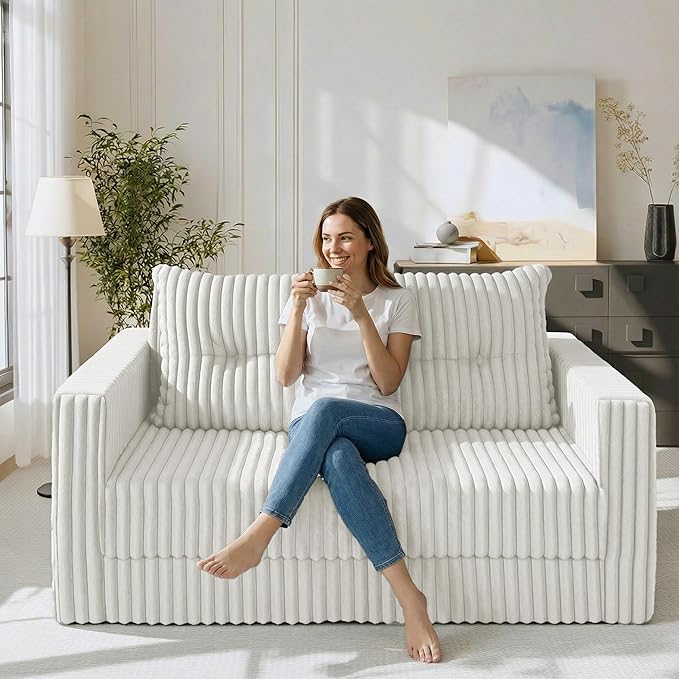 HABUTWAY 49.8" Loveseat Boneless Couch, 4-in-1 Convertible Sofa Bed, Plush Fur Folding Futon Sofa Bed Couches with a Pillow for Living Room, High-Density Foam Support, No Assembly Required, Beige