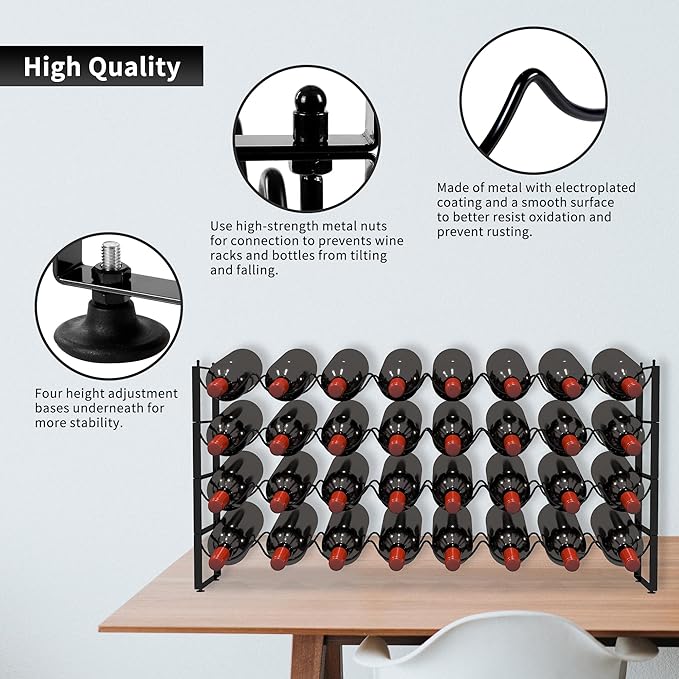 TONLEA 4 Tier Wine Rack, 32 Bottle Storage, Stackable Wine Rack for Cabinet Pantry (Dark Black)