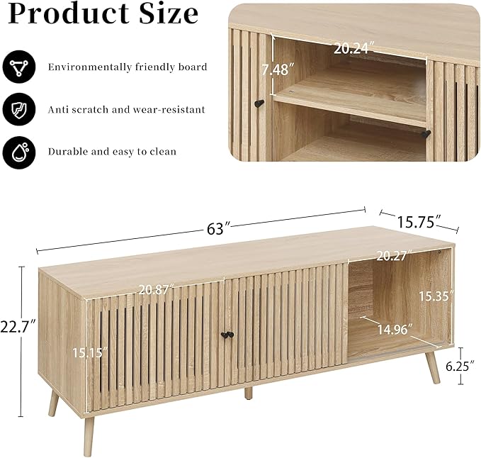 Oubayajia Mid Century Modern TV Stand for Televisions up to 70 Inches, with Sliding Doors and Storage, Television Stands, TV Consoles, Media Consoles for Living Room, 63 Inch (Natural)