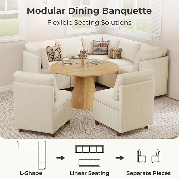 SITJOY Breakfast Nook Bench with Storage, Modular Corner Kitchen Banquette Seating, Dining Settee Couch, Upholstered Dining Bench with Back, Soft-to-Touch Fabric in Beige, 7-Seat L Shaped Booth