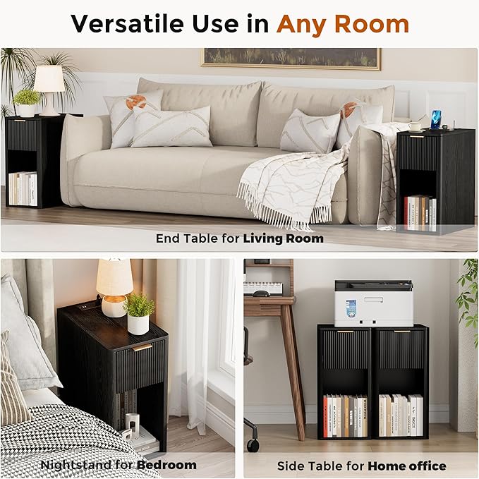 Homleke Narrow End Table with Fluted Drawer and Charging Station, Small Nightstand with USB Ports & Outlets, Bedside Table for Bedroom or Living Room, Modern Accent Table, Black