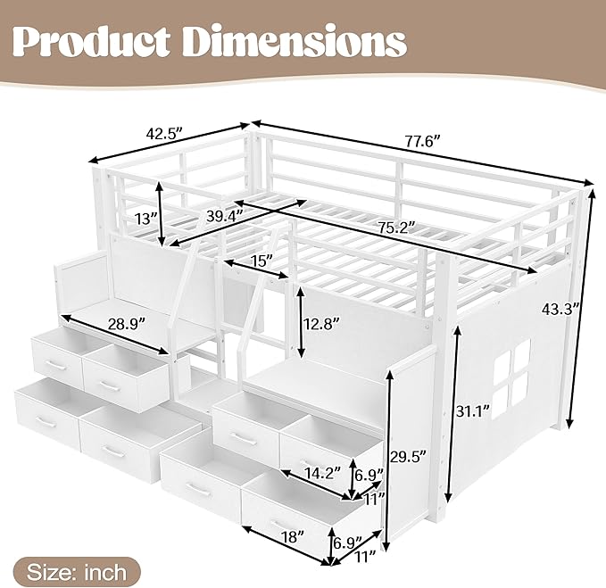 Bellemave Twin Size Loft Bed with 8 Non-Woven Fabric Storage Drawers and Bookshelf, Low Loft Bed with Lights and Private Play Curtain, Twin Loft Beds with High Rails, Noise Reduced White