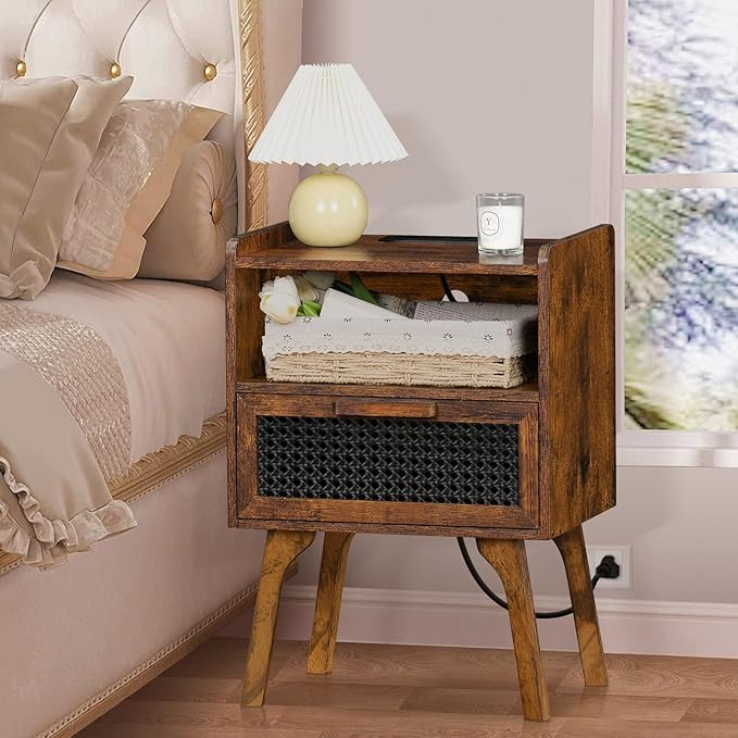 Lerliuo Rattan Nightstand with Charging Station, Side Table with Drawer Open Shelf, Cane Accent Bedside End Table with Solid Wood Legs, Night Stand for Bedroom, Dorm and Small Spaces (Brown)