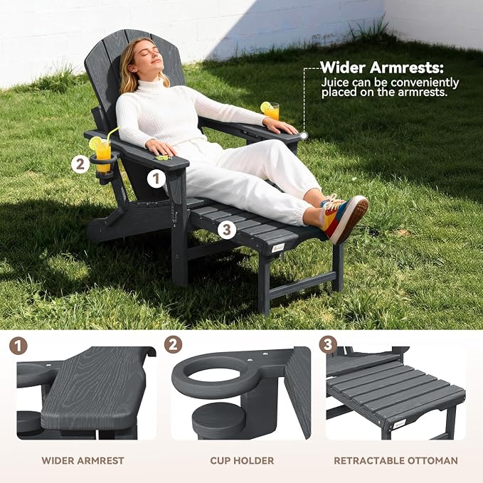 Mdeam 3-Level Adjustable Adirondack Chair with Retractable Ottoman, HDPE All-Weather Folding Fire Pit Chair with 2 Cup Holders, Outdoor Chair for Deck Patio Garden Backyard Lawn (Grey)