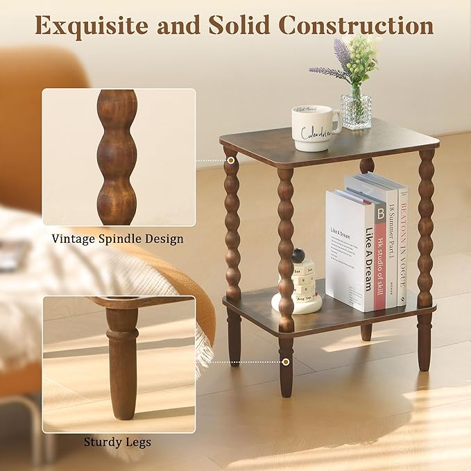 Fultyle Side Table, Small End Table with Storage Shelf, 2-Tier Small Coffee Tables Living Room for Bedroom, Narrow Spaces (Rustic Brown)