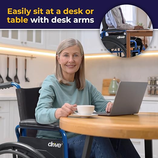 Drive Medical Blue Streak Lightweight Wheelchair - Portable Folding Mobility Aid - Swing-Away Footrests - Desk Arms - Durable Steel Frame - Easy Transport & Storage - 16-Inch Seat