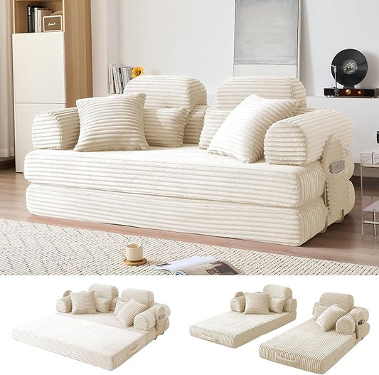 78.8" Convertible Sofa Bed with High Backrest Headrest, 5-in-1 Corduroy Boneless Couch with Side Pocket, Sleeper Loveseat Couch Bed Sectional Couches for Living Room, No Assembly, White