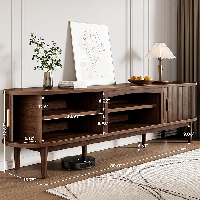 Decofy Mid Century TV Stand for TVs up to 90 Inches, Entertainment Center with Storage, Power Outlet, Fluted Sliding Doors & Adjustable Shelves, Modern Media TV Console Table for Living Room (Walnut)