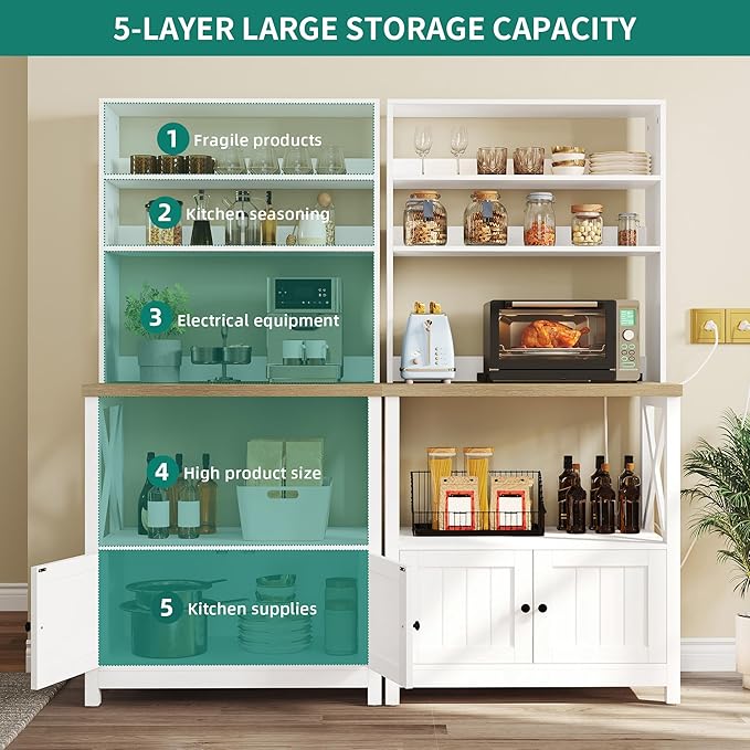 YITAHOME White Microwave Stand Bakers Rack Cabinet, Farmhouse Freestanding Small Kitchen Pantry Hutch Tall w Door Power Outlet Thickened Counter, Coffee Bar Storage Shelves