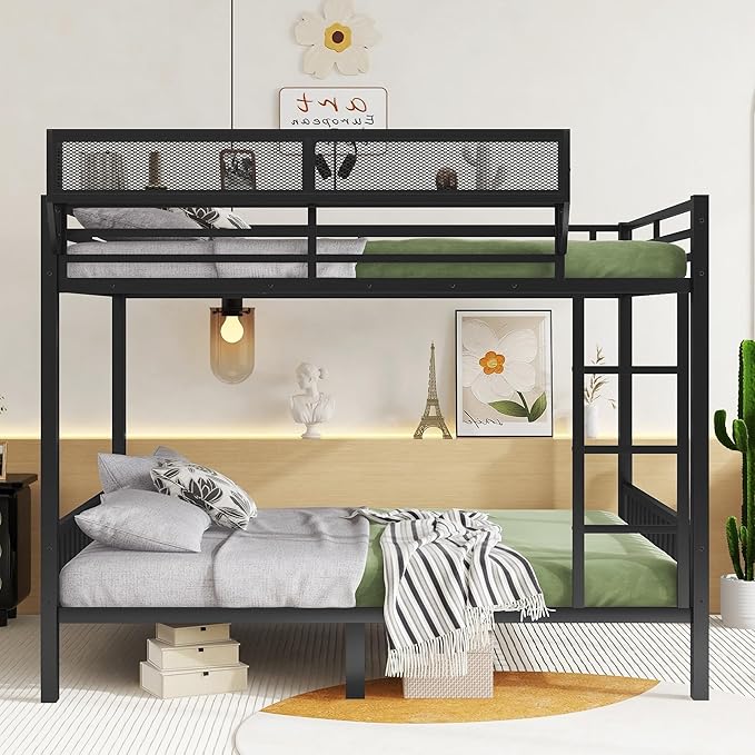 KEIKI Queen Over Queen Size Metal Bunk Bed Frame with Ladder and Built-in Storage Shelves, for Teens, Bunk Bed with Solid Slats, Guardrail, No Box Spring Required, Easy Assembly, for Bedroom, Black