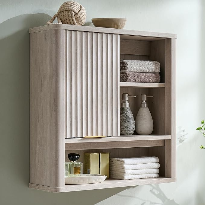 RedLemon Bathroom Wall Cabinet with Fluted Sliding Door, Modern Medicine Cabinet with Adjustable Shelf, Curved Profile Wall Mounted Storage Organizer, White Alder