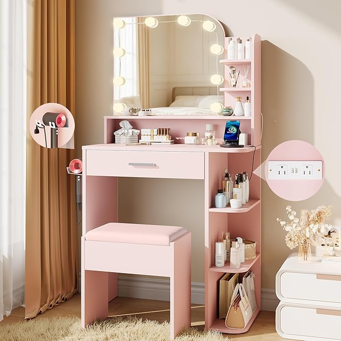 wanan Makeup Vanity with Chair, Small Vanity Desk with Mirror and Lights 3 Colors, Girls Vanity Set with Power Outlet, Compact Vanity Table for Small Space, Pink
