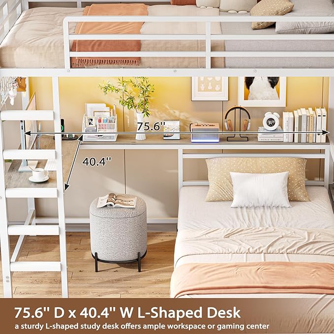 VIAGDO Bunk Bed Twin Over Twin with Hall Tree, Charging Station and LED Lights, L-Shaped Bunk Bed with Desk, 5 Storage Drawers, Twin Bunk Beds with Guardrail & Stairs, No Box Spring Needed, White