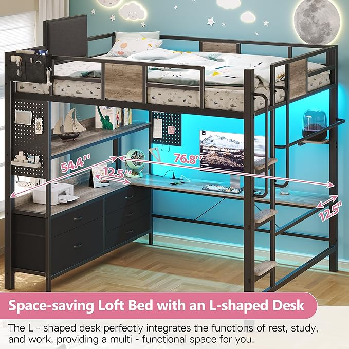 BYSAUD Full Size Loft Bed, Loft Bed Full Size, Bunk Bed with Desk, Loft beds with Desk,LED Lights & Charging Station,5 Drawer&1 Bedside Organizer,Safety Guardrail,Noise Free,No Box Spring Needed,Gray