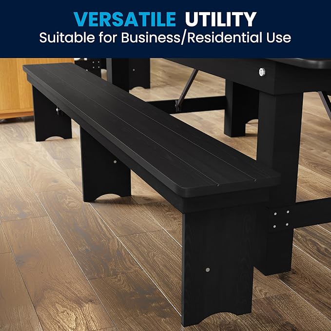 Flash Furniture Hercules Commercial Farmhouse Folding Bench, Antique Solid Pine Entryway Bench, Foldable Locking Legs, 8' x 12", Black Wash