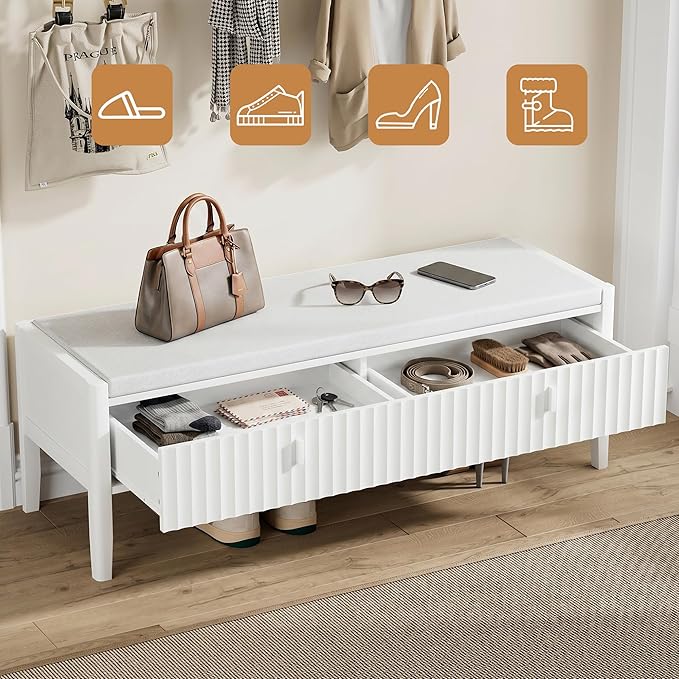 Furniway White Fluted Shoe Bench with 2 Drawers, Entryway Storage Bench with Thick Padded Cushion Seat, Open Bottom Shoe Storage Shelf for Hallway, Living Room, Bedroom, 47.2" W
