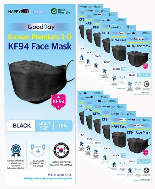 [ハッピーライフ] プレミアム3D ブラックKF94マスク、グッドデイ、韓国製個別包装（12枚入り）