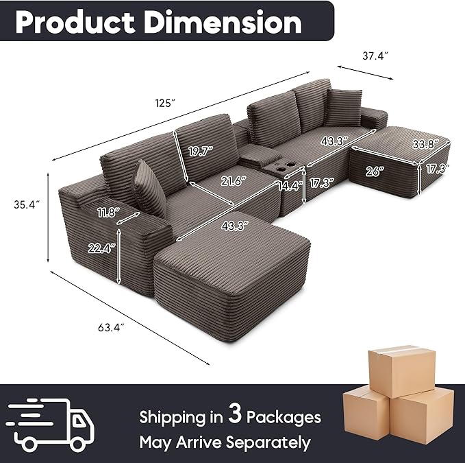 125 Inch Modular Sectional Sofa, Modern Oversized Corduroy Cloud Couch with 2 Ottomans, Cup Holders and USB Ports, U Shape Couch Boneless Couches for Living Room, No Assembly Required, Camel