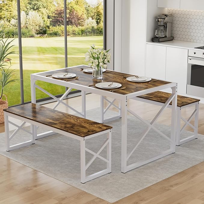 VECELO 55” Kitchen Dining Table Set for 4, Heavy-Duty Steel Frame & Wood-Grain Tabletop, Space-Saving Dinette Sets with 2 Benches for Breakfast Nook and Small Space, Drak Brown