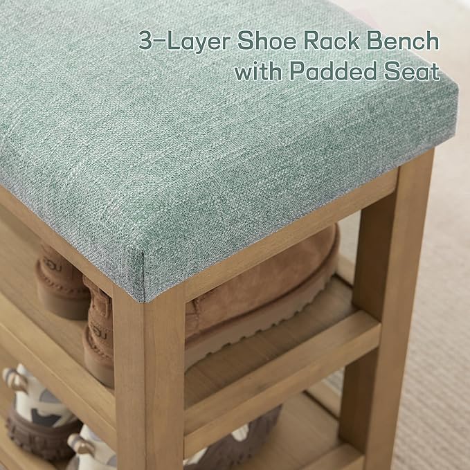 Zihanhome Shoe Rack Bench with Cushion, 2 Tier Solid Wood Storage Bench, Mid-Century Modern Shoe Bench for Entryway, Hallway, Closet, Front Door Entrance, Foyer (Teal, 39.4")