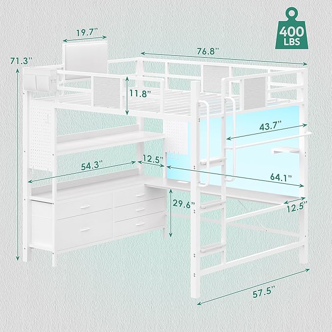 BYSAUD Loft Bed with Desk, Full Size loft Bed, Loft Beds Full Size with Stairs&5 Fabric Storage Drawers,Charging Station&LED Lights,Removable Guard Ladder, Noise Free, No Box Spring Needed (White)