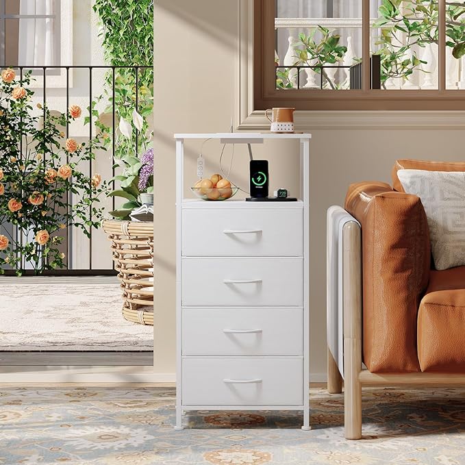 Somdot White Nightstand with Charging Station and LED Light for Bedroom, Tall 4 Drawers Dresser with Fabric Bins for Bedside Kids Dorm Room Closet Laundry Entryway, White Leather