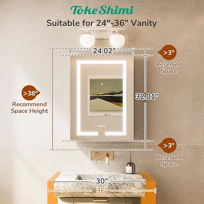 TokeShimi 24x32 Lighted Medicine Cabinet for Bathroom Surface or Recessed, LED Medicine Cabinet Mirror with Lights 3 Color Dimmable and Sockets, 2-Side Mirror with Storage UL-Listed Driver, Anti-Fog