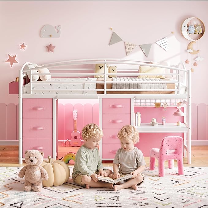 Twin Low Loft Bed with Desk, 7 Storage Drawers & LED Lights, Kids Metal Loft Bed with 12" H Safety Guardrail, Underbed Play Space & Curtain, Anti-Collision Pad (Pink)