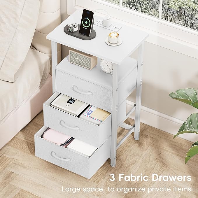 Vagusicc Night Stand with Charging Station, LED Nightstand for Bedroom, White Bedside Table with 3 Fabric Drawers, End Table Side Table with USB Ports and Outlets, Bed Side Table for Bedroom, White