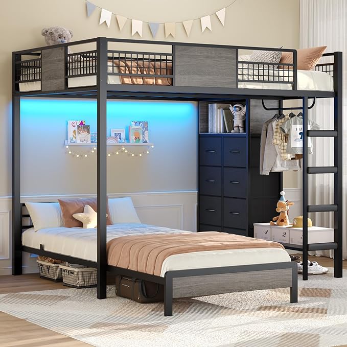 ADORNEVE Full Over Twin Bunk Bed with 8 Storage Drawers, Metal Loft Bed with Led Lights & Storage Shelves, Bunk Beds Twin Over Full Size with 13.4" H Safety Guardrail & Ladder, for Kids & Teens, Grey