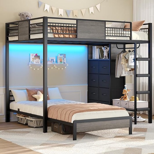 ADORNEVE Full Over Twin Bunk Bed with 8 Storage Drawers, Metal Loft Bed with Led Lights & Storage Shelves, Bunk Beds Twin Over Full Size with 13.4" H Safety Guardrail & Ladder, for Kids & Teens, Grey