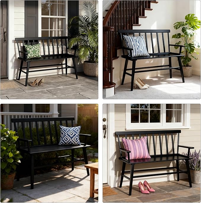 Dining Bench for Kitchen & Dining Room – Bamboo Wood Bench with Spindle Back & Armrests, Farmhouse Entryway Bench, Indoor Bedroom Bench, Versatile Entry Bench & Outdoor Bench Seating（Black with Arm）