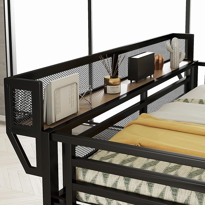 KEIKI Full Size Metal Loft Bed Frame with Desk, Staircase, Built-in Storage Shelves and Wardrobe, Modern Loft Bed with Solid Slats, Guardrail, No Box Spring Required, Easy Assembly, for Bedroom, Black
