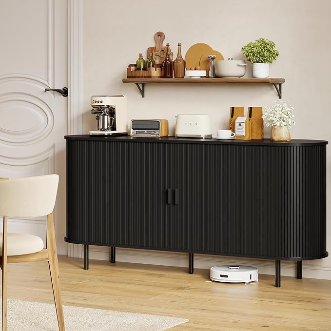 Buffet Sideboard Cabinet with Storage, 63" Fluted Cabinet with Sliding Door & Adjustable Shelf, Modern Accent Coffee Bar Console Table for Kitchen, Entryway, Black