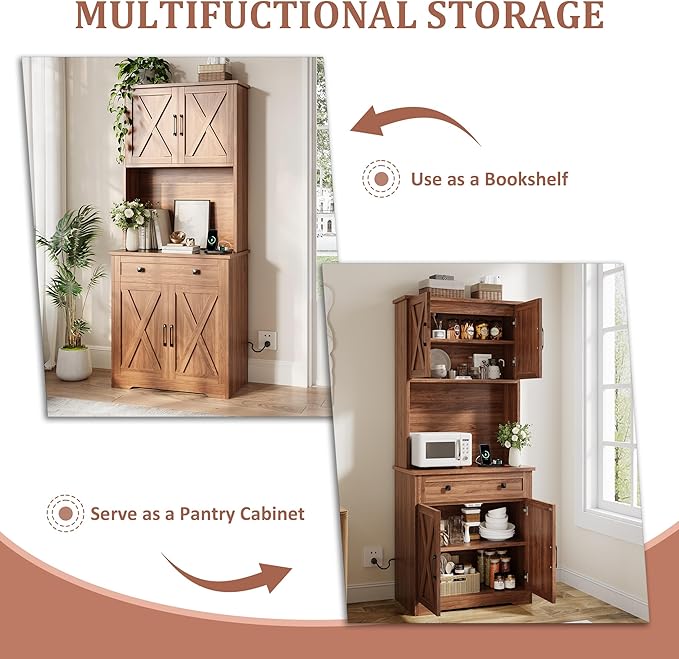 IDEALHOUSE 71" Pantry Cabinet with Charging Station, Tall Kitchen Pantry Storage Cabinet with Microwave Stand, Large Farmhouse Kitchen Hutch with Cabinet Doors & Drawer for Living Room, Dining Room